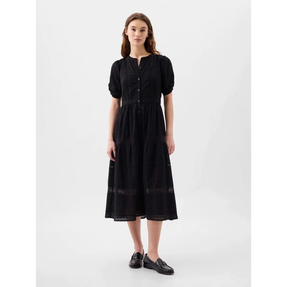GAP Puff Sleeve Lace Midi Dress M Black Eyelet Tiered Button Boho LBD 100%Cotton